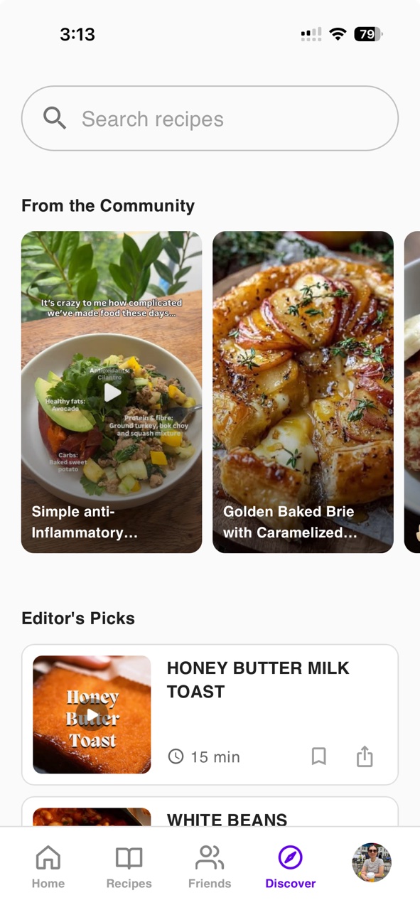 ReciFriend Discover tab with community recipes and editor's picks